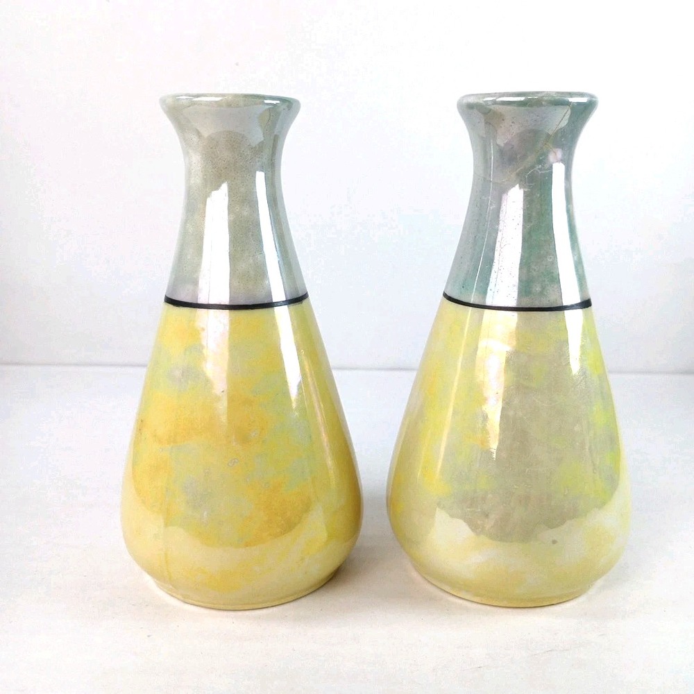 Set Of 2 Vtg MCM Porcelain 5" Yellow blue black lustre MOP bud vase beautiful